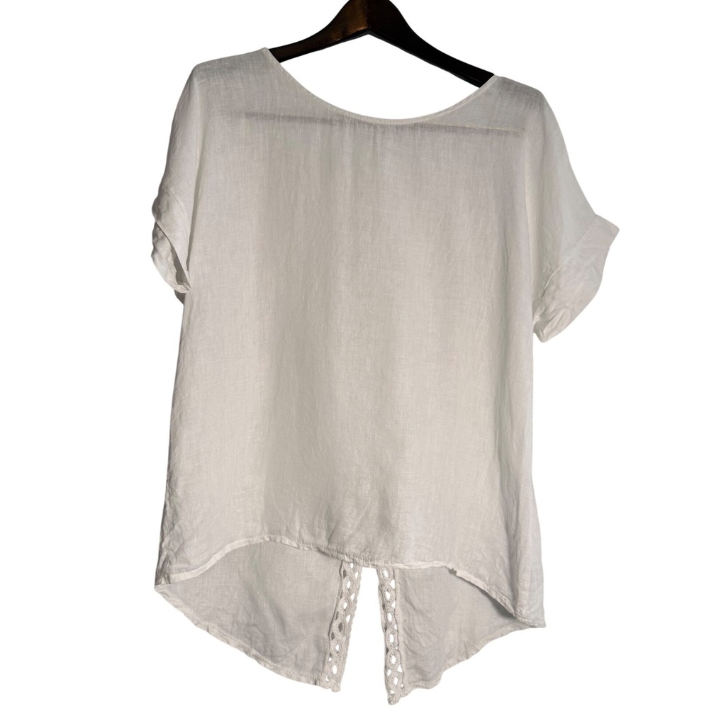 Terzo Millennio Italy White Linen Crochet Lace Back High Low Blouse Small whimsy